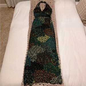 Elegant Multicolor Peacock Halter Maxi Dress